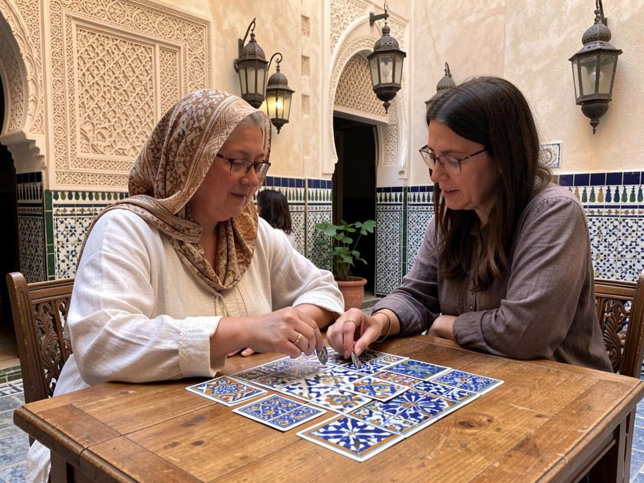 Deux visiteuses jouant à un dispositif ECUME dans un patio patrimonial