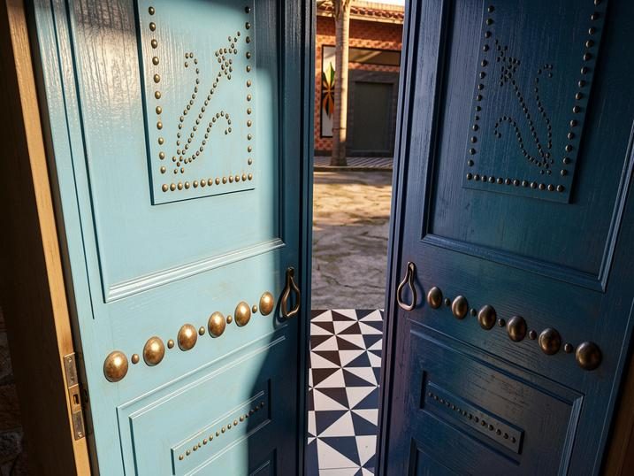 Porte traditionnelle tunisoise bleue cloutée, entrée d'un atelier de Qallaline