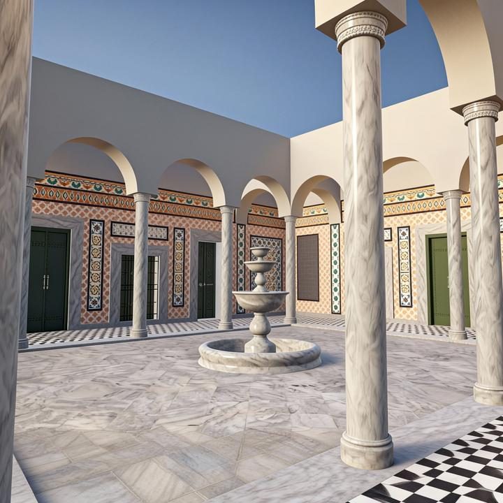 Patio tunisien reconstitué en 3D, orné d'arcades et de carreaux de céramique de Qallaline