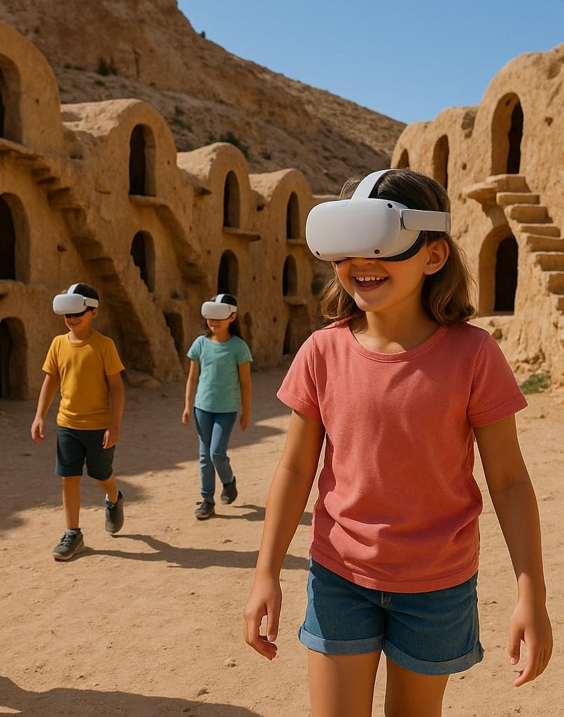 Enfants équipés de casques de réalité virtuelle devant des habitations troglodytes tunisiennes